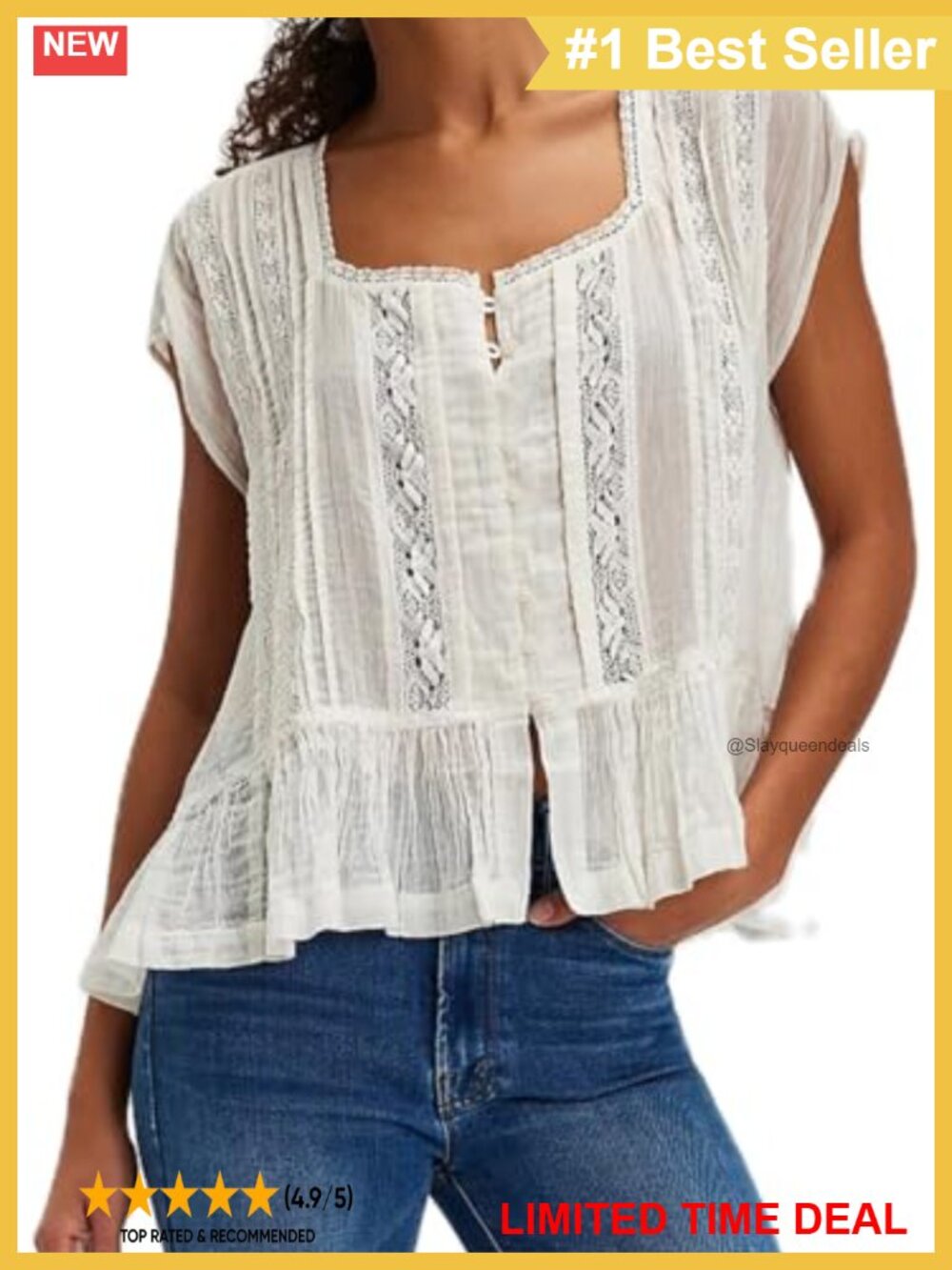 Womens Tie Front Ruffle Boho Sheer Lace Babydoll Blouse Top